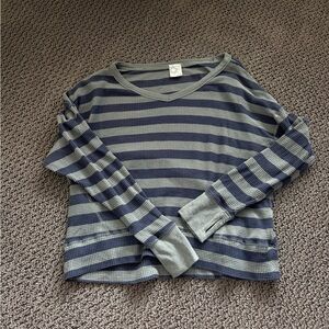 Aerie Offline V-Neck Stripped Waffle Knit Sweater - Olive Green / Navy